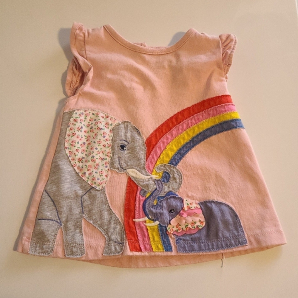 Mini Boden htf elephant and baby calf pink rainbow applique top 12-18 months